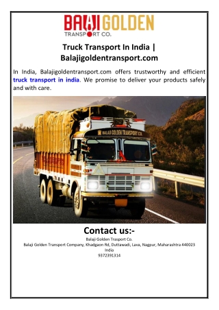 Truck Transport In India | Balajigoldentransport.com