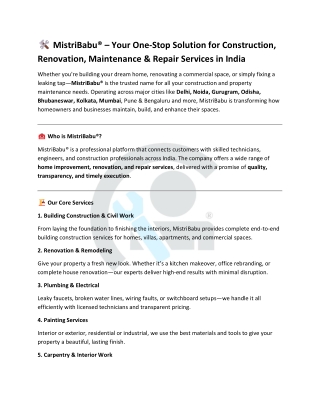 MistriBabu – Your One-Stop Solution for Construction, Renovation & Maintenance Services in India