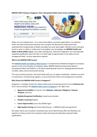 NEBOSH HSW Training in Singapore: Recognized Safety Career Across Southeast Asia