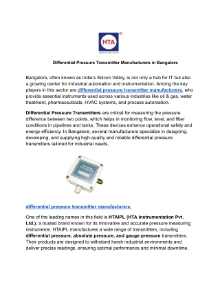 Differential Pressure Transmitter Manufacturers in Bangalore