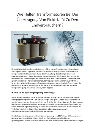 Wie Helfen Transformatoren Bei Der Übertragung Von Elektrizität Zu Den Endverbra