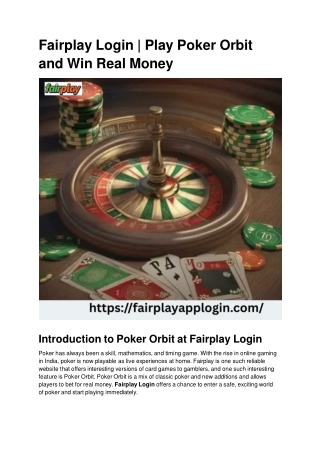 Introduction to Poker Orbit at Fairplay Login