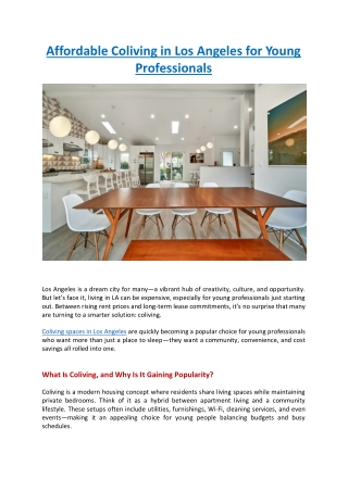 Affordable Coliving in Los Angeles for Young Professionals