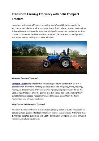 Transform Farming Efficiency with Solis Compact Tractors