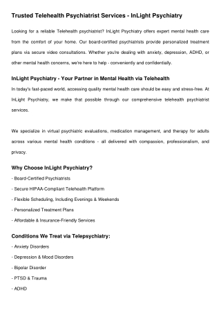Expert Telehealth Psychiatrist Services – InLight Psychiatry