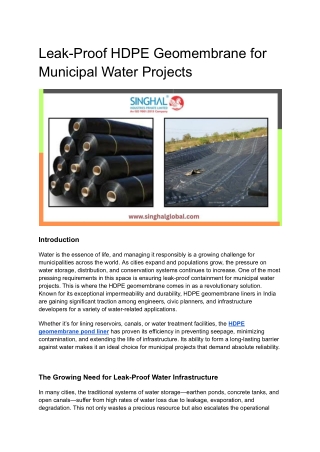 Leak-Proof HDPE Geomembrane for Municipal Water Projects