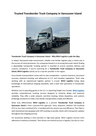 Transborder Truck Company in Vancouver Island