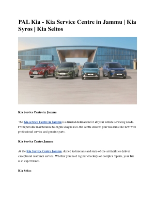 PAL Kia - Kia Service Centre in Jammu | Kia Syros | Kia Seltos