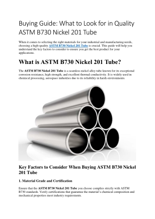 Comprehensive Buying Guide for ASTM B730 Nickel 201 Tube – Trusted Supplier