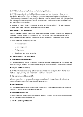 11KV VCB Switchboards Key Features and Technical Specifications