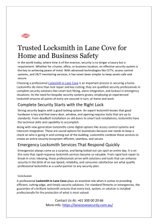 Trusted Locksmith in Lane Cove for Home and Business Safety