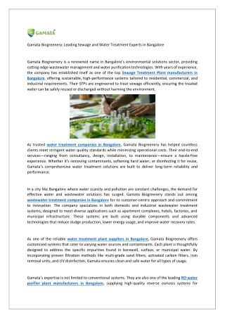 Leading Sewage and Water Treatment Experts in Bangalore