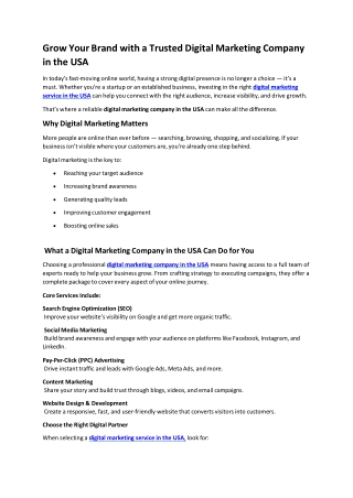 Grow Your Brand with a Trusted Digital Marketing Company in the USA