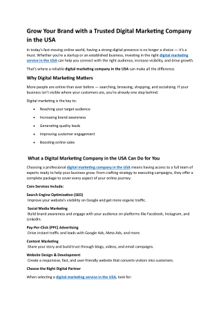 Grow Your Brand with a Trusted Digital Marketing Company in the USA