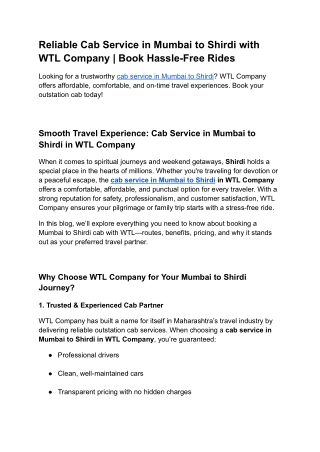 Reliable Cab Service in Mumbai to Shirdi with WTL Company _ Book Hassle-Free Rides