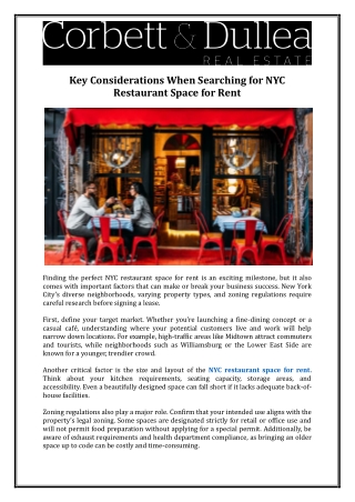 Corbett & Dullea Real Estate- Key Considerations When Searching for NYC Restaurant Space for Rent