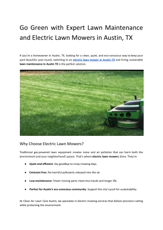 Go Green with Expert Lawn Maintenance and Electric Lawn Mowers in Austin, TX