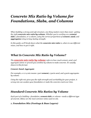 Concrete Mix Ratio by Volume for Foundations, Slabs, and Columns