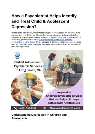 How a Psychiatrist Helps Identify  and Treat Child & Adolescent  Depression?
