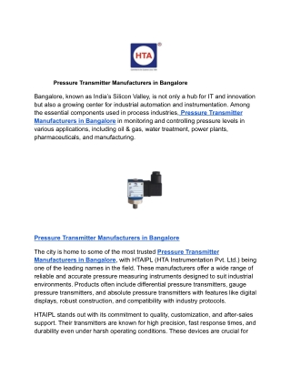 Pressure Transmitter Manufacturers in Bangalore