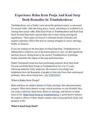 Experience Rahu Ketu Pooja And Kaal Sarp Dosh Remedies In Trimbakeshwar