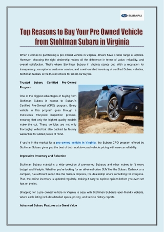 Top Reasons to Buy Your Pre Owned Vehicle from Stohlman Subaru in Virginia