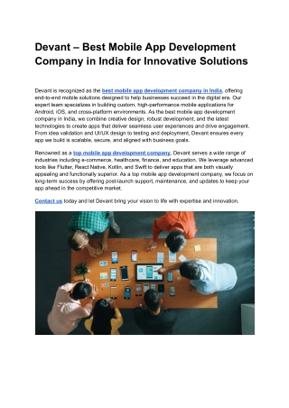 Devant – Best Mobile App Development Company in India for Innovative Solutions