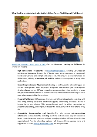 Why Healthcare Assistant Jobs in Cork Offer Career Stability and Fulfillment