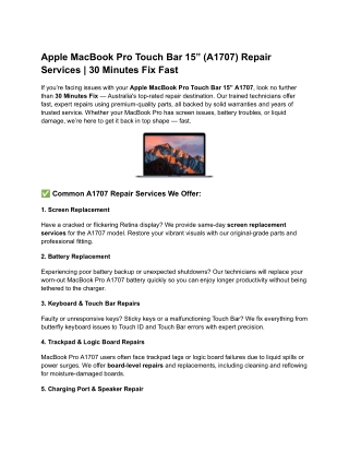 Apple MacBook Pro Touch Bar 15” (A1707) Repair Services _ 30 Minutes Fix Fast