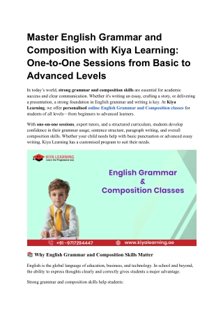 Master English Grammar and Composition with Kiya Learning One-to-One Sessions from Basic to Advanced Levels