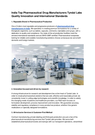 India Top Pharmaceutical Drug Manufacturers Tyndal Labs Quality Innovation and International Standards