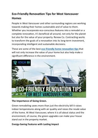 Eco-Friendly Renovation Tips for West Vancouver Homes