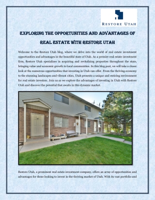 Exploring the Opportunities and Advantages of Real Estate with Restore Utah