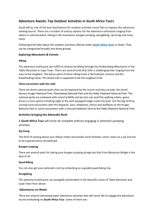 Top Adventure Activities in the South Africa Tour