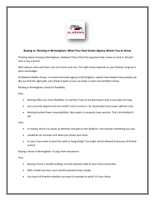 Buying vs. Renting in Birmingham What Your Real Estate Agency Wants You to Know