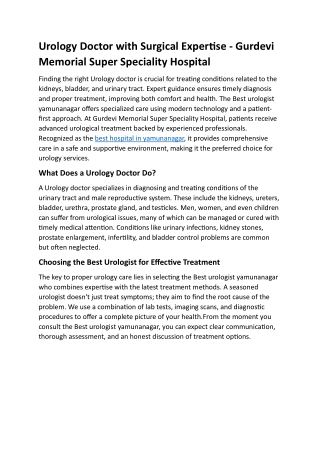 Urology Doctor with Surgical Expertise - Gurdevi Memorial Super Speciality Hospital