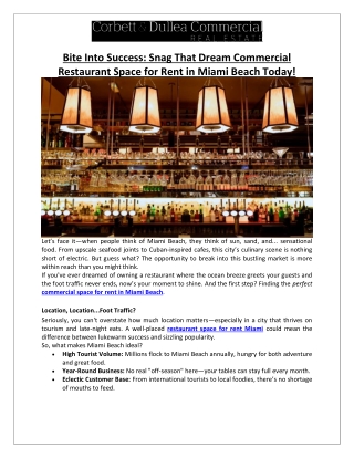 Corbett & Dullea Real Estate - Dream Commercial Restaurant Space for Rent in Miami Beach Today