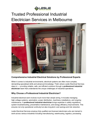 Trusted Professional Industrial Electrician Services in Melbourne
