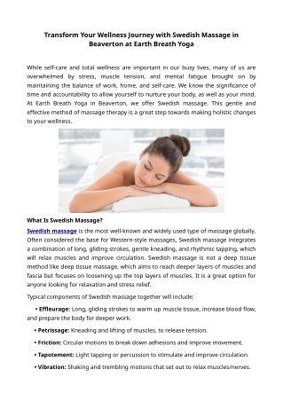 Transform Your Wellness Journey with Swedish Massage in Beaverton at Earth Breath Yoga
