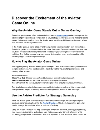 Discover the Excitement of the Aviator Game Online