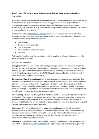Top 5 Uses of Polyurethane Adhesives and How They Improve Product Durability