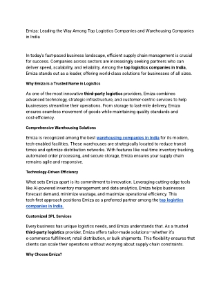 Emiza_ Leading the Way Among Top Logistics Companies and Warehousing Companies in India