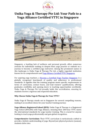 Unika Yoga & Therapy Pte Ltd Your Path to a Yoga Alliance Certified YTTC in Singapore