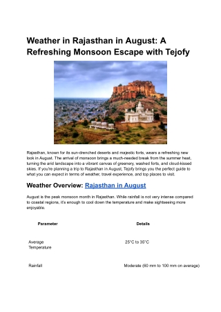 Weather in Rajasthan in August: A Refreshing Monsoon Escape with Tejofy