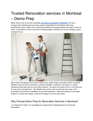 Trusted Renovation services in Montreal – Demo Prep