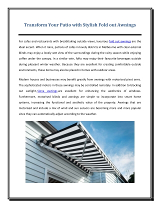 Transform Your Patio with Stylish Fold out Awnings