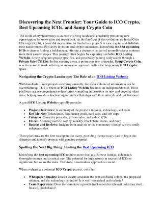 Best Upcoming ICOs, and Samp Crypto Coin