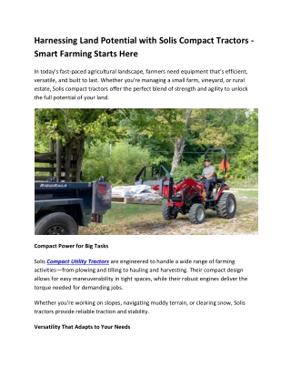 Harnessing Land Potential with Solis Compact Tractors - Smart Farming Starts Here