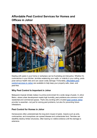 Affordable Pest Control Services for Homes and Offices in Johor