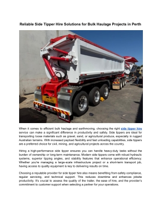 Reliable Side Tipper Hire Solutions for Bulk Haulage Projects in Perth